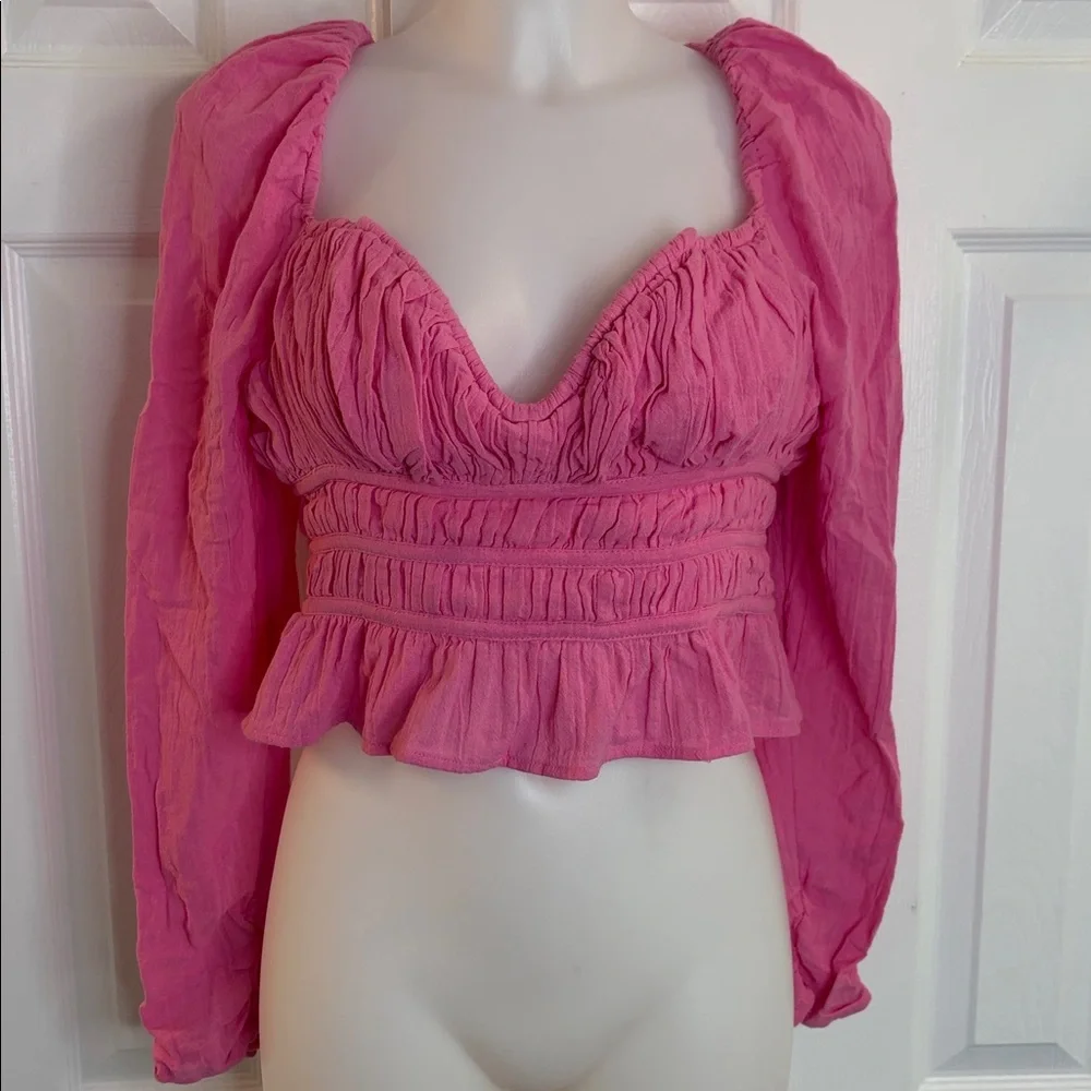 FREE PEOPLE CHLOE TIE BACK LONG SLEEVES CROPPED SMOCKED TOP BLOUSE HOT PINK SZ S